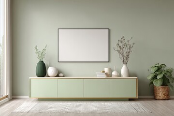 Minimalist living room scene with mint green accent