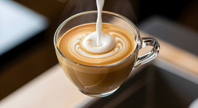 Pouring perfectly steamed milk into a glass cup of hot coffee to create beautiful latte art.