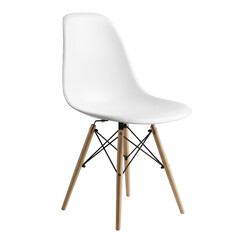Modern white plastic chair with wooden legs isolated on transparent background