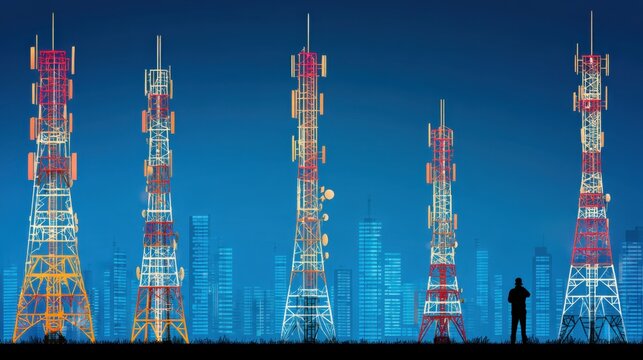 Telecommunication towers illuminated at dusk urban cityscape digital artwork tech environment wide angle connectivity concept