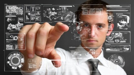 Tech innovation in business a professional analyzing data interfaces in a modern office environment