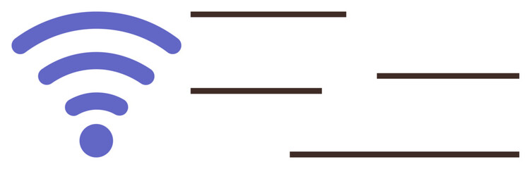 Purple wireless signal icon on the left with horizontal black lines, emphasizing network speed, connectivity, and data exchange. Ideal for technology, communication, internet, data transfer, speed