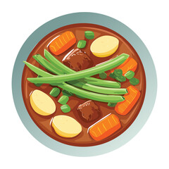 Savory beef and green bean stew with carrots and potatoes, served warm in a dark brown bowl - Vector Illustration	