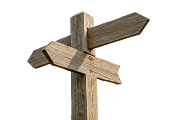 Isolated Weathered Wooden Signpost with Two Arrows Indicating Different Directions