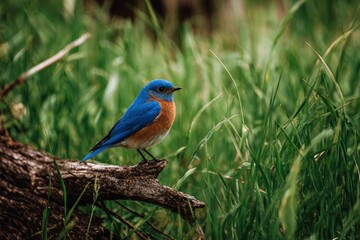 Fototapeta premium Blue bird perched on a log in tall grass