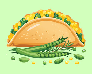 Soft-shell taco filled with seasoned meat, fresh green peas, and green beans, topped with salsa - Vector Illustration	