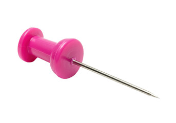 Isolated push pin on surface, pink plastic head and silver metal, sharp point ready