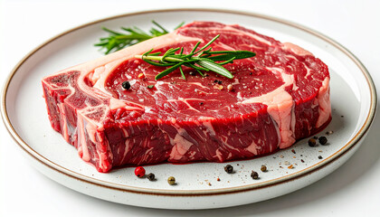 Obraz premium Raw ribeye steak on plate, fresh marbled meat for culinary presentation. White backdrop.