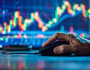 A stock trader's hand on a computer mouse, intently analyzing a dynamic financial chart for investment opportunities and risk management
