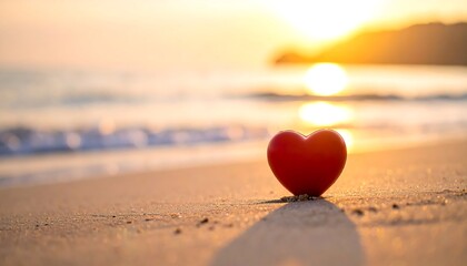 A vibrant red heart on a sandy beach at sunrise