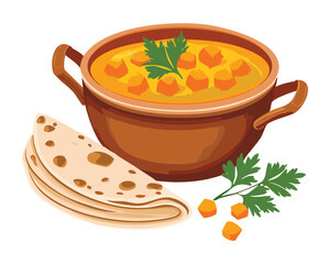 Hearty Indian chickpea curry (chana masala) served in a brown clay bowl with a side of warm flatbread - Vector Illustration	