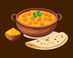 Traditional Indian chana masala or chickpea curry served in a brown clay bowl with warm flatbread - Vector Illustration	
