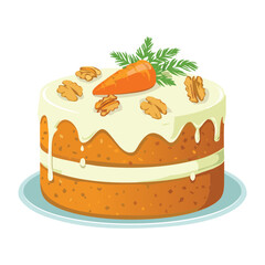 Delightful round carrot cake with sweet cream cheese frosting and chopped nuts on top - Vector Illustration