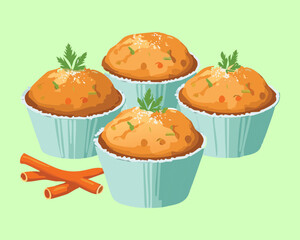 Group of Four Golden-Brown Carrot Muffins or Cupcakes in Paper Liners, Garnished with Cinnamon Sticks and Spice - Vector Illustration	