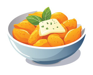 Delicious Roasted Sweet Potato Bites or Gnocchi Topped with Fresh Herbs and a Square Pat of Melting Butter - Vector Illustration
