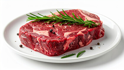 Raw ribeye steak on plate, fresh marbled meat for culinary presentation. White backdrop.