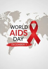 World aids day banner with red ribbon and world map isolated on white background