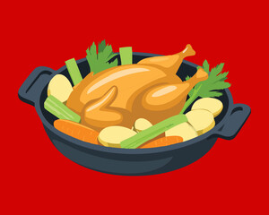 Rustic Oven-Baked Whole Chicken or Turkey with Root Vegetables in Iron Pot Ready to Serve - Vector Illustration	