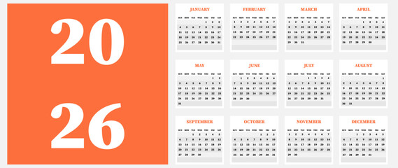 Vector calendar. Year 2026. Week starts on Sunday. Has 12 months. Calendar ready for printing.