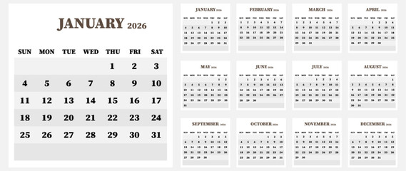 Vector calendar. Year 2026. Week starts on Sunday. Has 12 months. Calendar ready for printing.