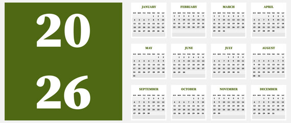 Vector calendar. Year 2026. Week starts on Sunday. Has 12 months. Calendar ready for printing.