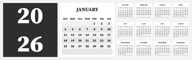 Vector calendar. Year 2026. Week starts on Sunday. Has 12 months. Calendar ready for printing.