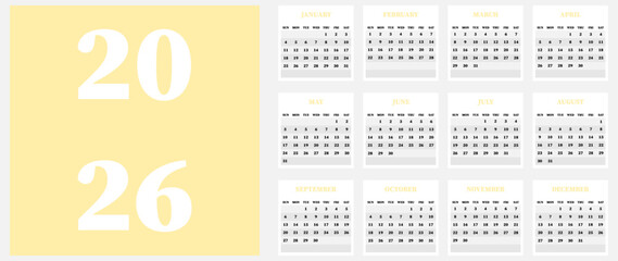 Vector calendar. Year 2026. Week starts on Sunday. Has 12 months. Calendar ready for printing.