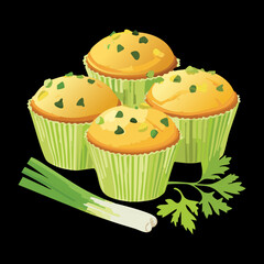 Savory Muffins or Mini Cakes with Green Onions and Herbs Baked for a Delicious Breakfast Snack - Vector Illustration	