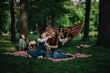 Group of friends having fun in nature, sharing laughter, and lounging on a picnic blanket surrounded by trees, exemplifying friendship and outdoor leisure activities in a serene natural environment.