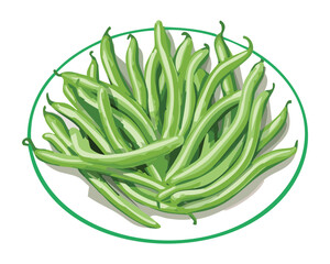 Heaping pile of fresh, vibrant green beans on a simple white plate, showcasing a healthy and ready-to-eat garden vegetable - Vector Illustration