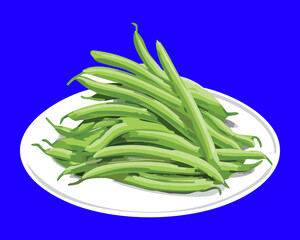 Pile of Fresh Green String Beans on a White Plate, Ready for Washing, Chopping, and Cooking - Vector Illustration	