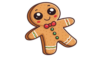 Cute cartoon gingerbread man character with bow tie and icing decor, great for Christmas clipart, greeting cards, kids’ books, stickers, printable crafts, and holiday party invitations