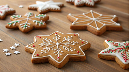 Homemade snowflake-shaped gingerbread cookies with icing on wooden table, perfect for holiday recipe blogs, baking websites, Christmas food ads, and festive kitchen photography