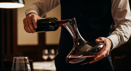 Close-up of a sommelier pouring red wine from a bottle into a glass decanter, enhancing the wine's aroma and flavor in a restaurant