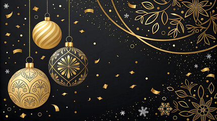 Black and gold luxury Christmas ornament background with floral and festive design, ideal for greeting cards, event posters, banners, New Year promotions, and seasonal invitations