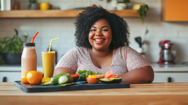 Happy african curvy woman sitting in kitchen with healthy food and smoothie - Young person, diet and health care concept - Model by AI generative