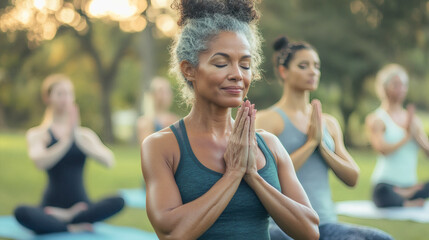 Multiracial people doing yoga class at city park - Focus on senior african woman face - Healthy lifestyle concept - Models by AI generative