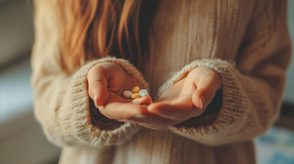 Young woman hands close up holding pills - Drug, medicine and health care concept