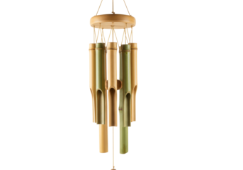 Isolated bamboo wind chime home decor art. Natural sound and wood for Zen garden relax