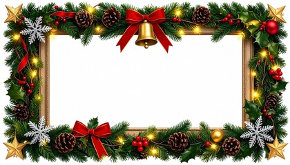 Un marco fotográfico navideño hiperrealista en alta resolución, con el centro vacío para insertar una foto. Decorado con ramas de pino verdes muy detalladas, piñas naturales, campanas metálicas dorada