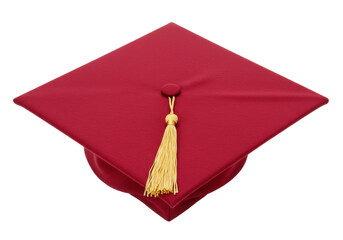Isolated Academic graduation cap, mortarboard red hat with golden tassel for university