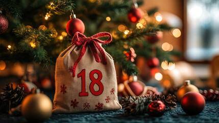 knitted christmas advent calendar bag with number 18 hanging on decorated christmas tree festive handmade ornament holiday tradition cozy seasonal decoration stock photo