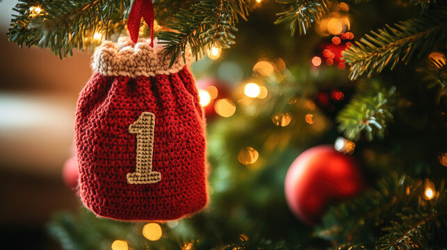 knitted christmas advent calendar sock with number 1 hanging on decorated christmas tree festive handmade ornament holiday tradition cozy seasonal decoration