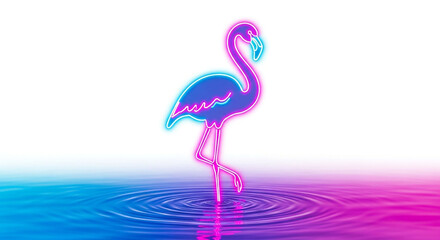 A neon flamingo standing in water isolated on white background, its vibrant pink and blue hues creating a mesmerizing reflection, a symbol of tropical paradise