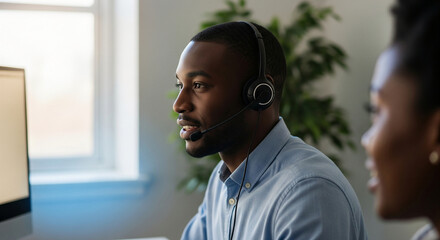 Concentrated Support Professional Customer Service Representative with Headset Providing Assistance, Ready to Respond to Inquiries
