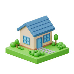 Cute cartoon house model with garden in 3 d style