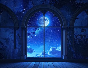 Enchanting view of a starry night sky with a full moon through an arched window.