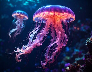 Two glowing jellyfish in dark water