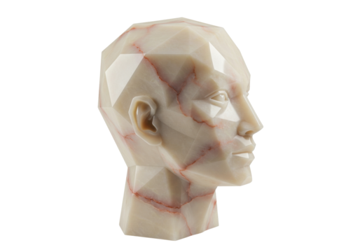Isolated abstract alabaster bust of a human head, geometric facets and fine veins are visible