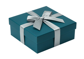 Isolated teal gift box with silver ribbon and bow, present for special occasion, closeup